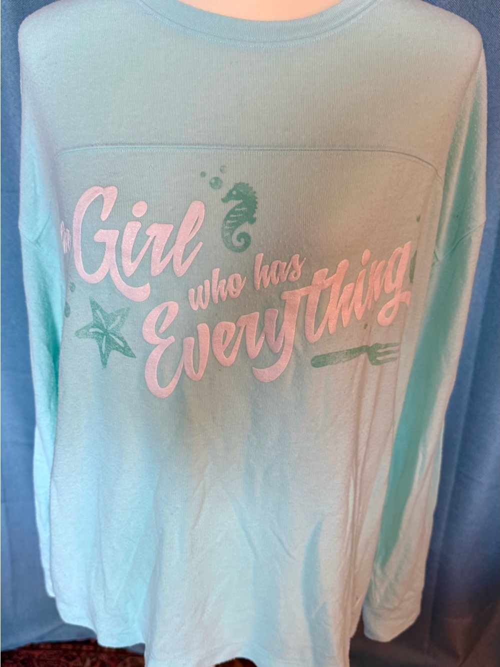 Disney Mint Green Crewneck Sweatshirt with White Script Little Mermaid Graphic